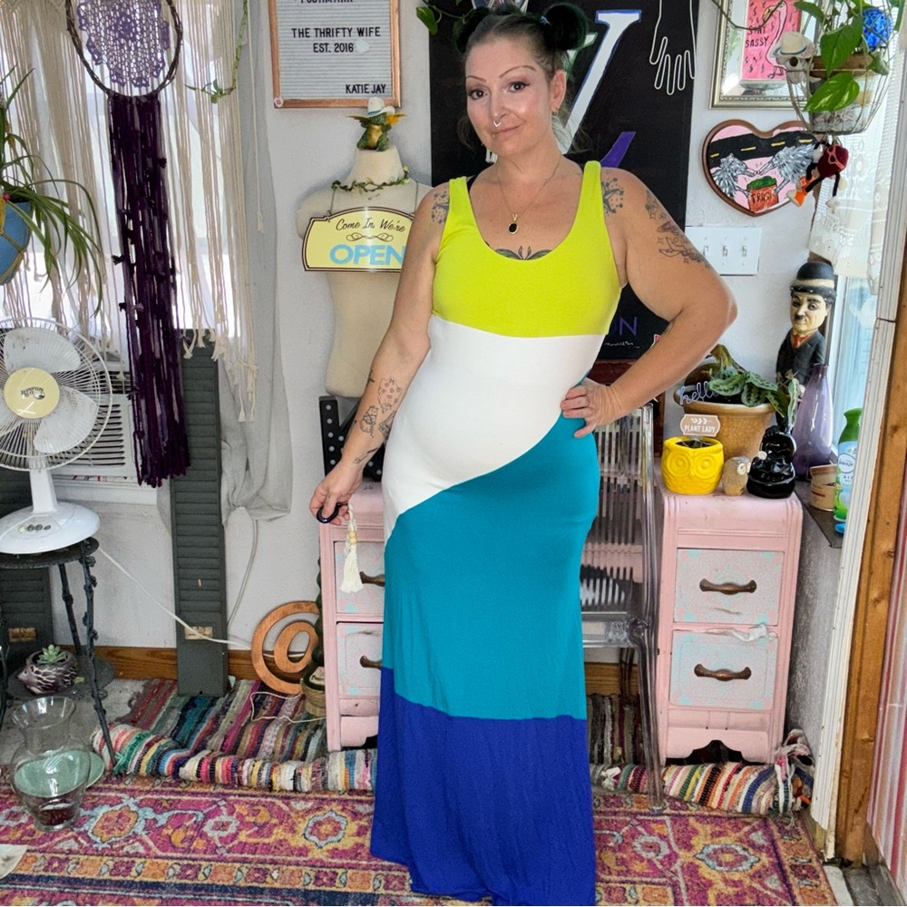 bebe Lime White Teal Royal Blue Colorblock Scoop Maxi Dress Size Large